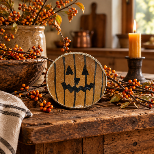 A round decorative plate with a carved jack-o'-lantern face sits on a rustic wooden table, surrounded by fall decorations including orange berries, a lit candle, and ceramic vessels.