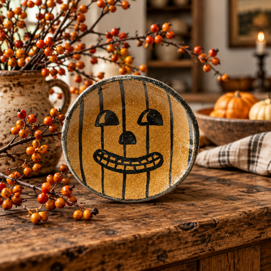 A round ceramic plate with a hand-painted jack-o'-lantern face in black on a textured mustard-yellow glaze, styled on a rustic wooden table with autumn decorations including berries, pumpkins, and a plaid napkin.