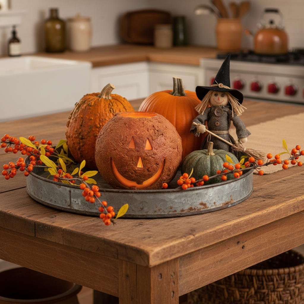 Decorative arrangement of pumpkins and a scarecrow on a wooden table with a kitchen background.
