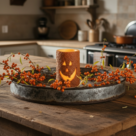Decorative candle with a carved face on a metal tray with berries in a kitchen setting