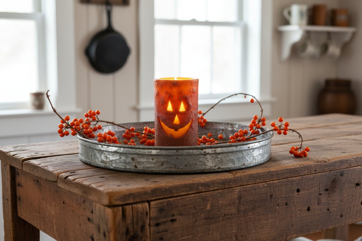 Decorative candle with jack-o'-lantern face on a metal tray with berries on a wooden table.