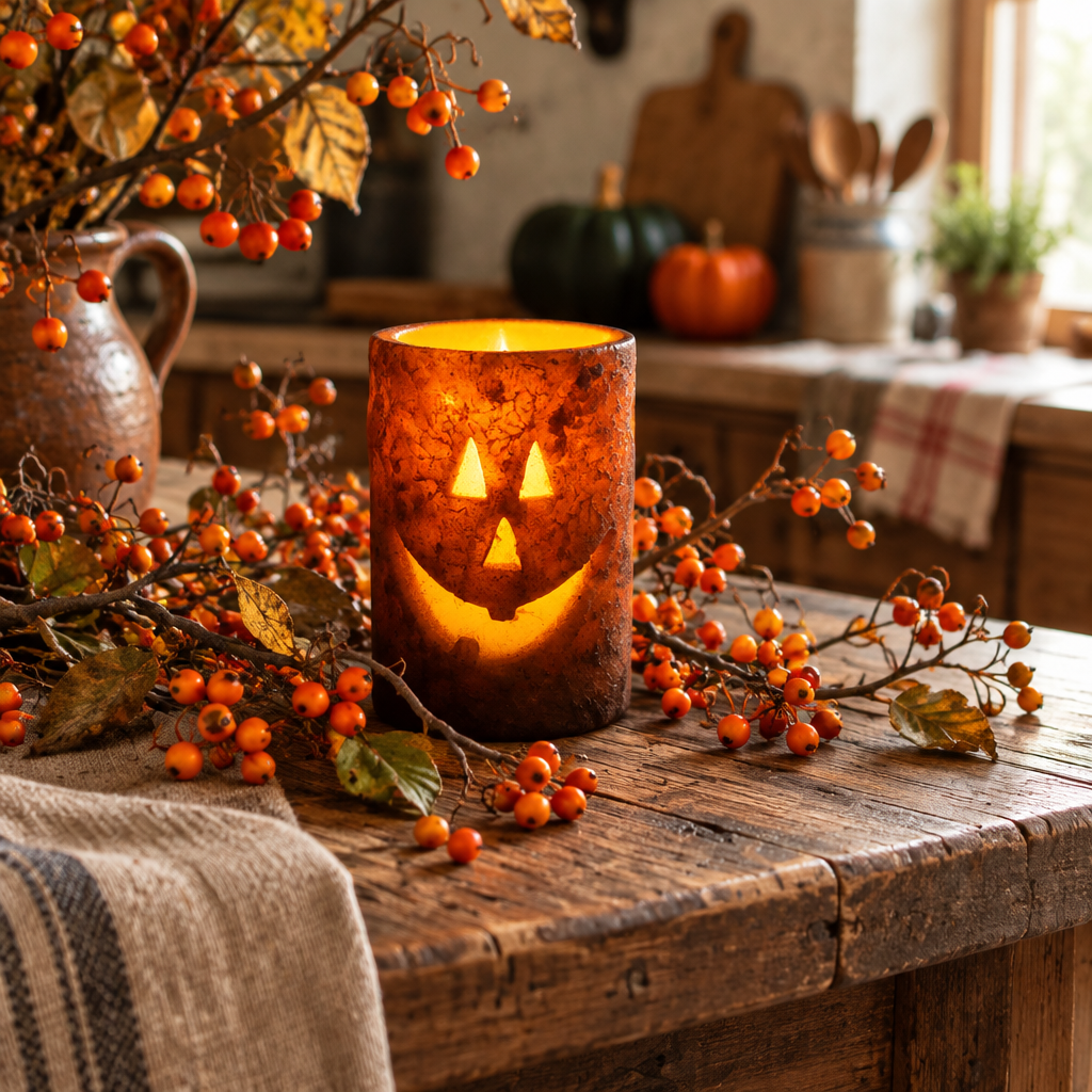 A lit amber-orange jack-o'-lantern candle holder sits on a rustic wooden table in a cozy kitchen setting, surrounded by berry garlands and autumn foliage.