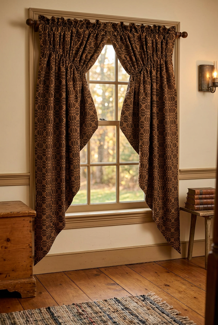 Patterned jacquard gathered swag with long tapered sides framing a window above a wooden floor.