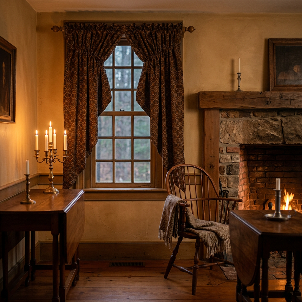 Dark patterned jacquard gathered swag framing a tall window beside a stone fireplace in a candlelit room.

