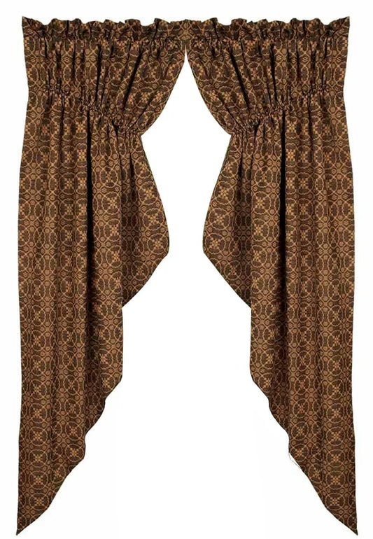 Pair of brown patterned curtains on a white background