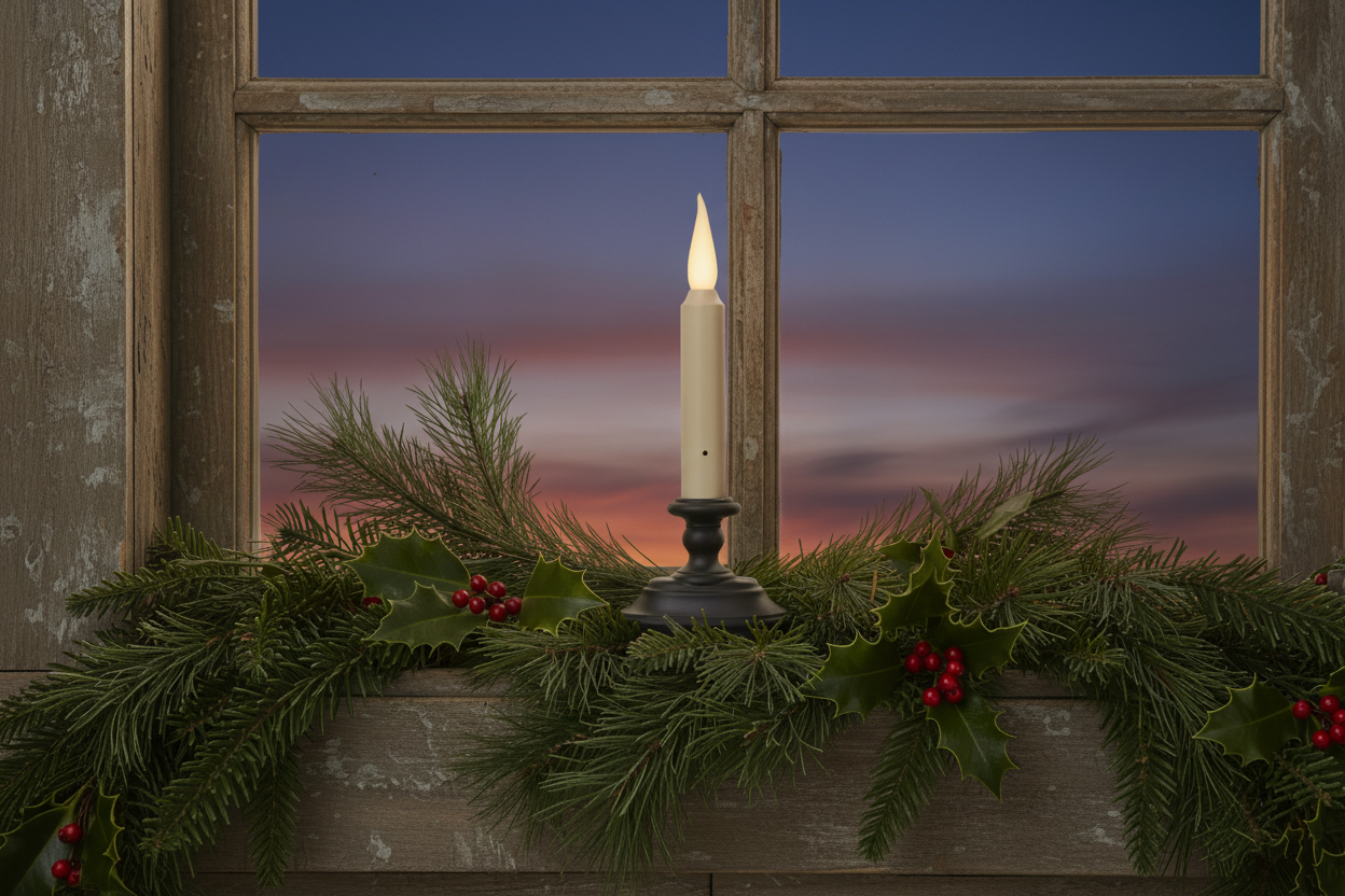 Decorative Christmas garland with a candle on a wooden mantel against a window.