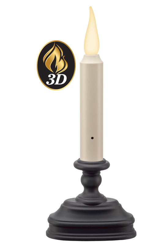 Battery operated window candle with a 3D flame effect, warm white color, and a black base.
