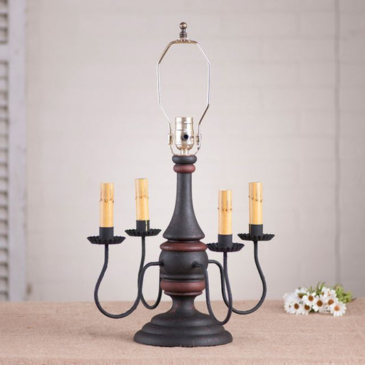 Jamestown wood table lamp base in black with red stripe with a primitive finish