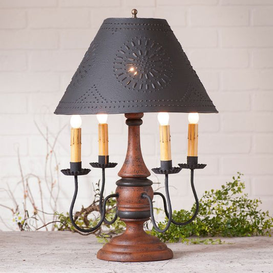Vintage-style table lamp with wooden base and dark gray shade on a light background