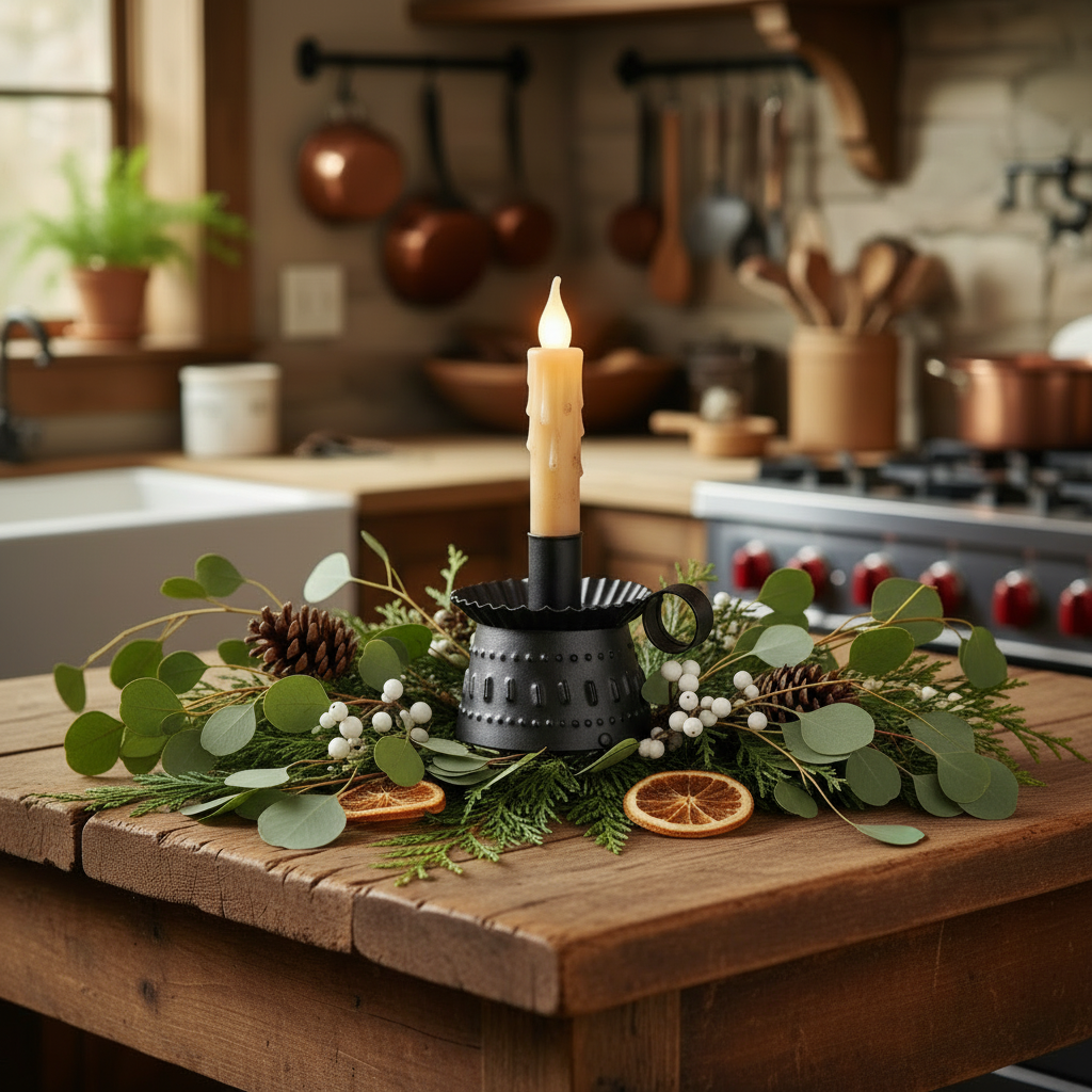 Decorative candle on a wooden surface with kitchen background