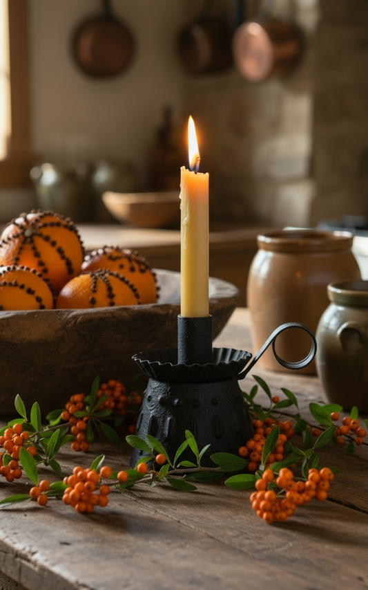 Candle in a black holder on a wooden surface with pumpkins and jars in the background
