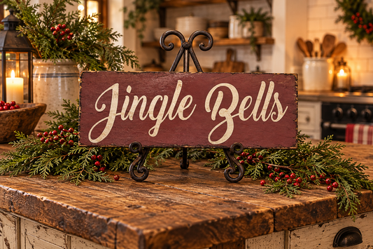 A rustic wooden sign reading 'Jingle Bells' in cream script, displayed on a black metal easel stand on a wooden kitchen counter surrounded by holiday greenery and red berries.