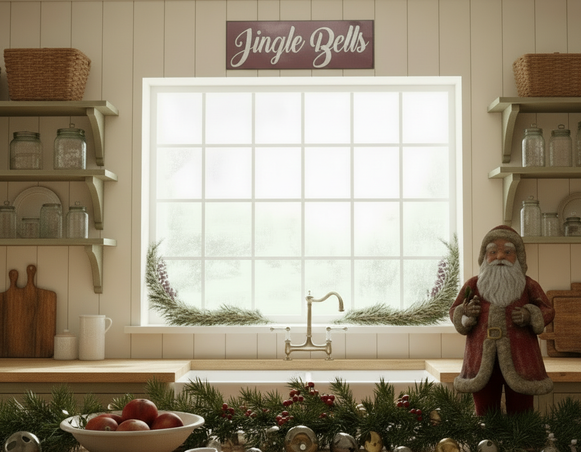 Nostalgic kitchen with wooden table, shelves, and a window with a wreath.