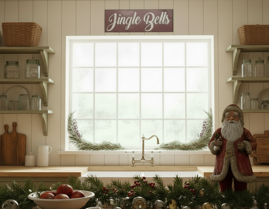 Nostalgic kitchen with wooden table, shelves, and a window with a wreath.