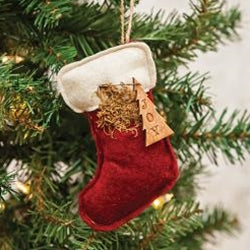 Red Christmas stocking with gold trim hanging on a tree