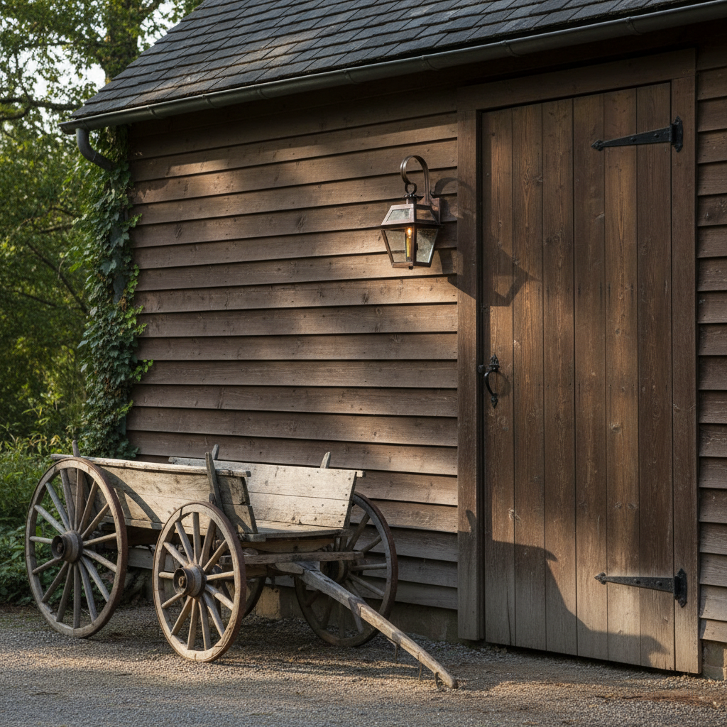 Wooden cart in front of a rustic wooden building with a door.