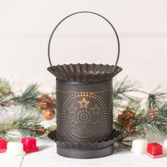 Decorative black lantern with Christmas decorations on a white background