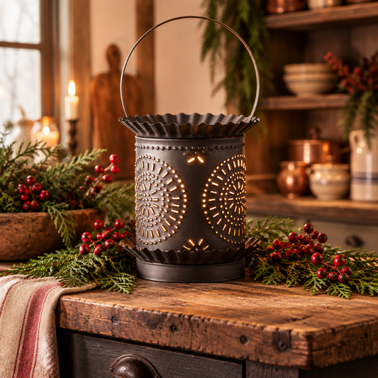 Jumbo Tartwarmer with Chisel in Kettle Black in a primitive kitchen setting with fresh cedar greens and berries.