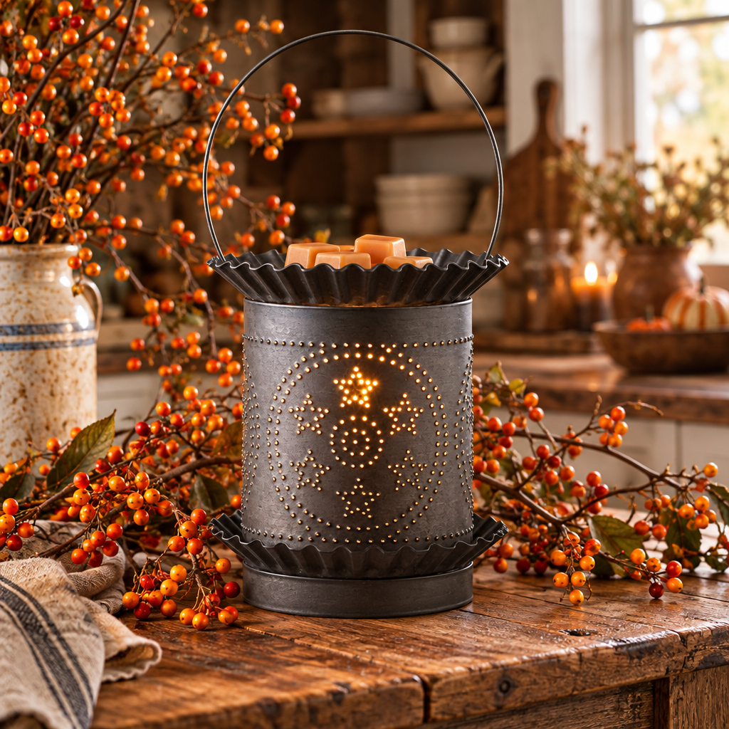 A dark metal lantern with a handle and decorative cutout pattern sits on a rustic wooden table, glowing with warm light from within. The scene is styled in a cozy autumn kitchen with orange berries, candles, and home decor in the background.