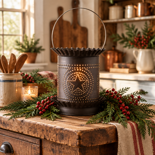 A jumbo star tart warmer in a primitive kitchen setting with fresh cedar greens and berries.