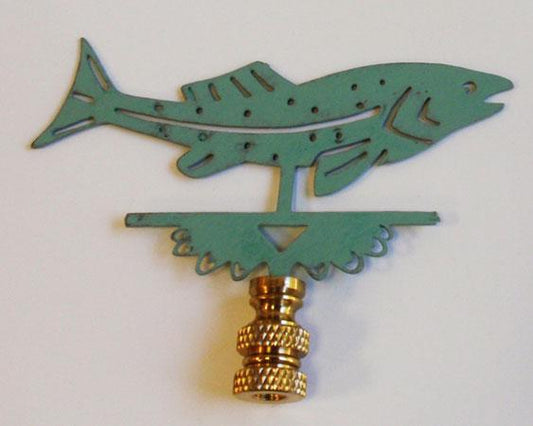 A green copper lamp finial in the shape of a jumping fish, with a detailed design and a classic gold-colored base.