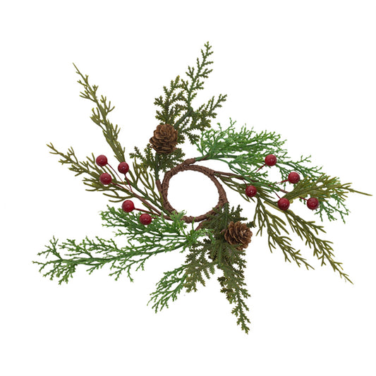 Artificial juniper candle ring with red berries arranged in a circle