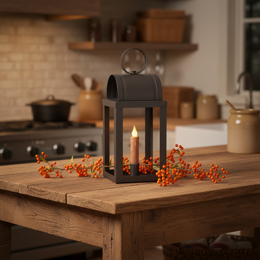 Black lantern with a lit candle on a wooden table in a kitchen setting