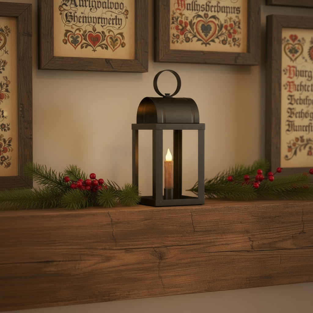 Decorative lantern with candle on a wooden surface, framed artwork in the background