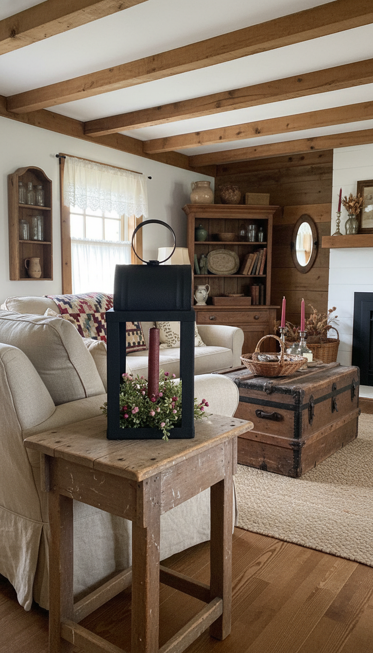 Cozy living room with wooden beams, a lantern on a table, and a fireplace.