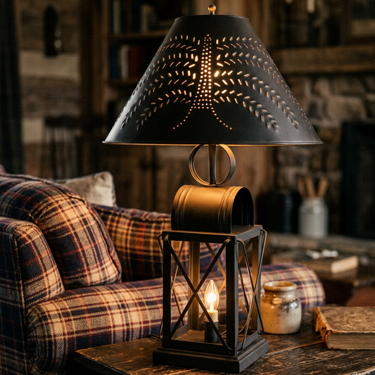 Decorative table lamp with intricate design on a wooden surface.