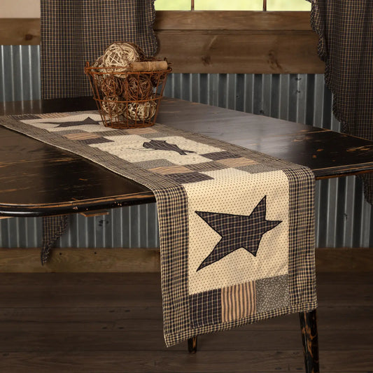 Table with a star-patterned table runner and a woven basket on a wooden table.