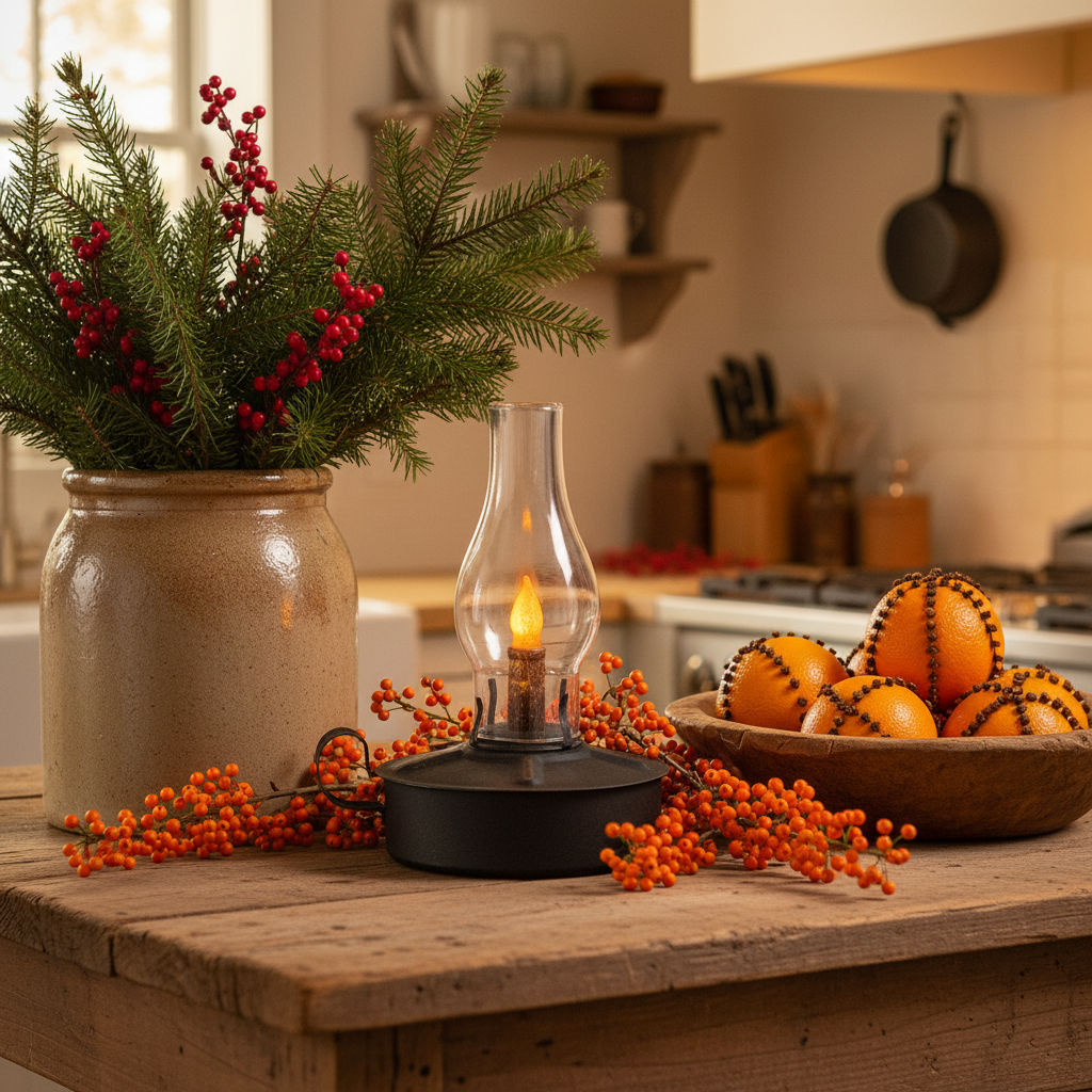 Decorative setup with a jar of greenery and red berries, a small lamp, and oranges on a wooden surface in a kitchen.