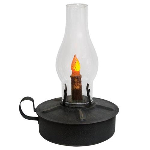 A black kitchen lantern with a glass chimney and a metal handle, featuring a battery-operated LED candle inside.