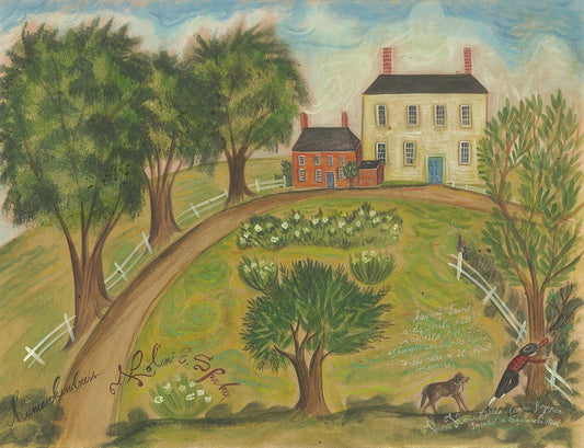 A vinyl floor cloth featuring a painted landscape with a house, trees, and a path.