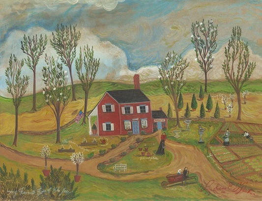 A vinyl floor cloth with a painted landscape featuring a red house, trees, and a blue door.