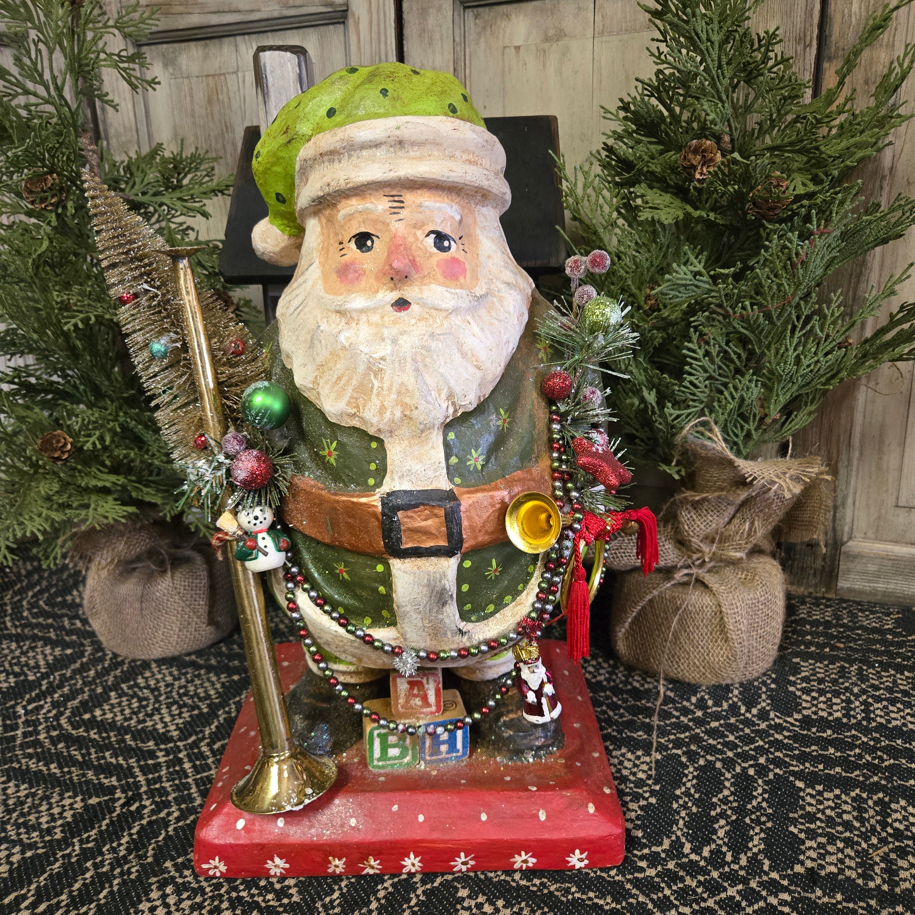 Paper Mache Instruments Krisnick Paper Mache Green Santa with Instruments – The Tin Bin