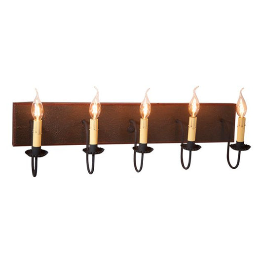 A five-light vanity light fixture with an espresso finish and textured black arms, featuring E12/Candelabra sockets.