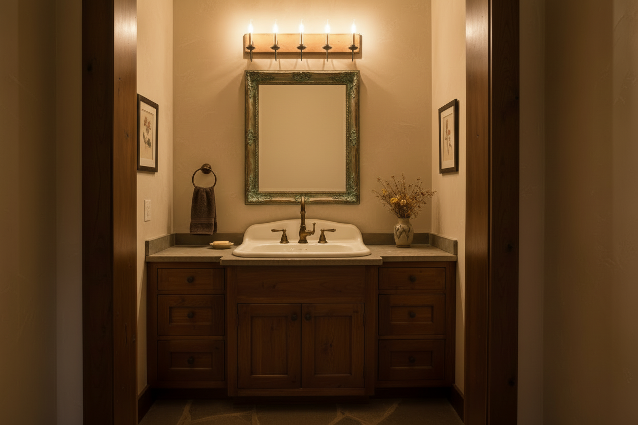 Bathroom with wooden vanity, sink, and mirror under a light fixture.