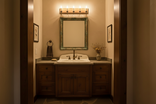 Bathroom with wooden vanity, sink, and mirror under a light fixture.