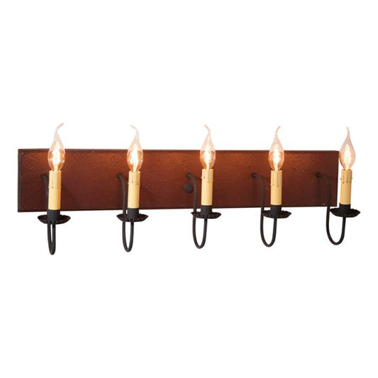 A five-light vanity light fixture with a textured plantation red finish and black textured arms, featuring E12/Candelabra sockets.
