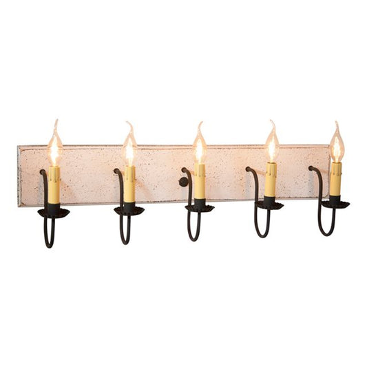A vintage style five-light vanity light with a textured white finish and black arms, featuring E12/Candelabra sockets.