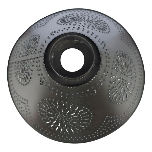 A round replacement shade for a ceiling fan or light with a Kettle Black finish. The shade features a geometric pattern and a central chisel.