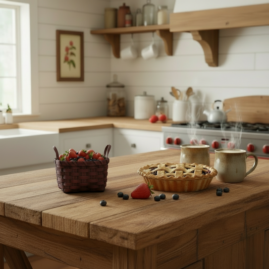 Wooden kitchen counter with a basket of strawberries, a pie, and mugs in a homey kitchen setting.