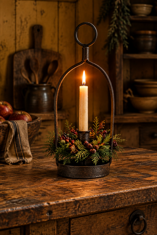 A black metal candle holder with a hanging ring handle, displayed on a rustic wooden shelf against a yellow wood-paneled background.