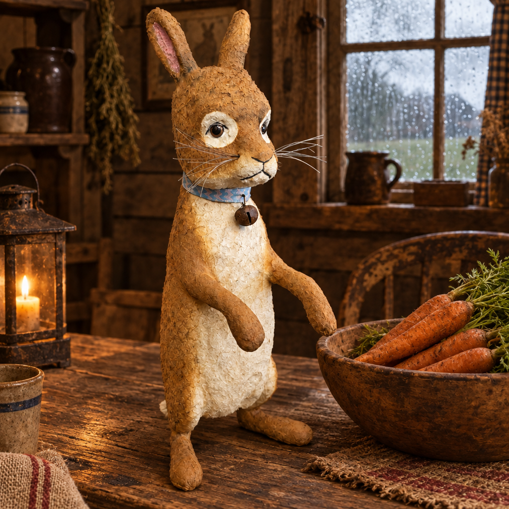 Bunny in a primitive kitchen with a bowl of carrots and a lantern on a rainy day.