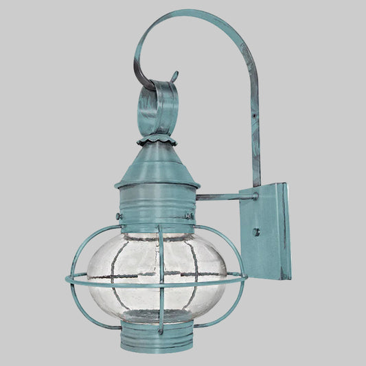 Vintage-style wall-mounted lantern with a metal cage on a white background