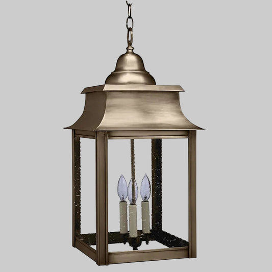 Bronze hanging lantern with two light bulbs on a white background