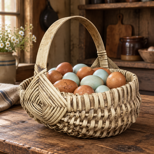 Basket of eggs on an antique table.