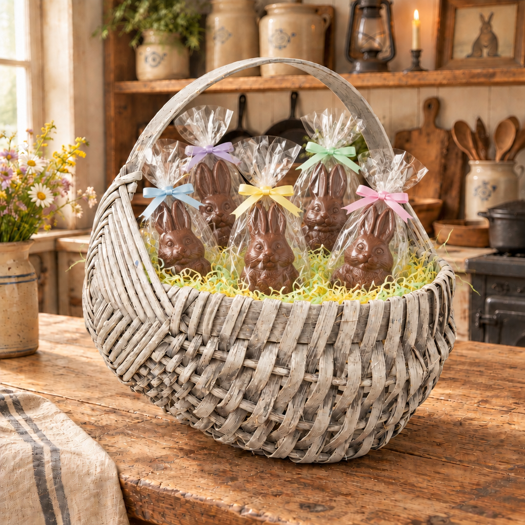 Egg basket filled with chocolate bunnies on an antique table.
