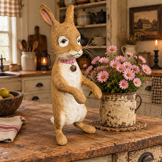Bunny in a primitive kitchen with pink daisies.